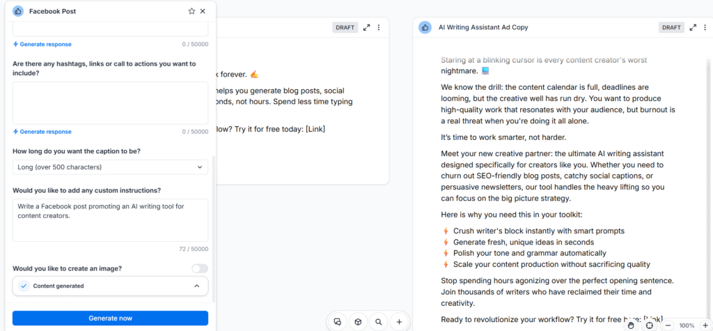 Facebook posts- I can generate the same topic with options Shor or Medium text and compare result together