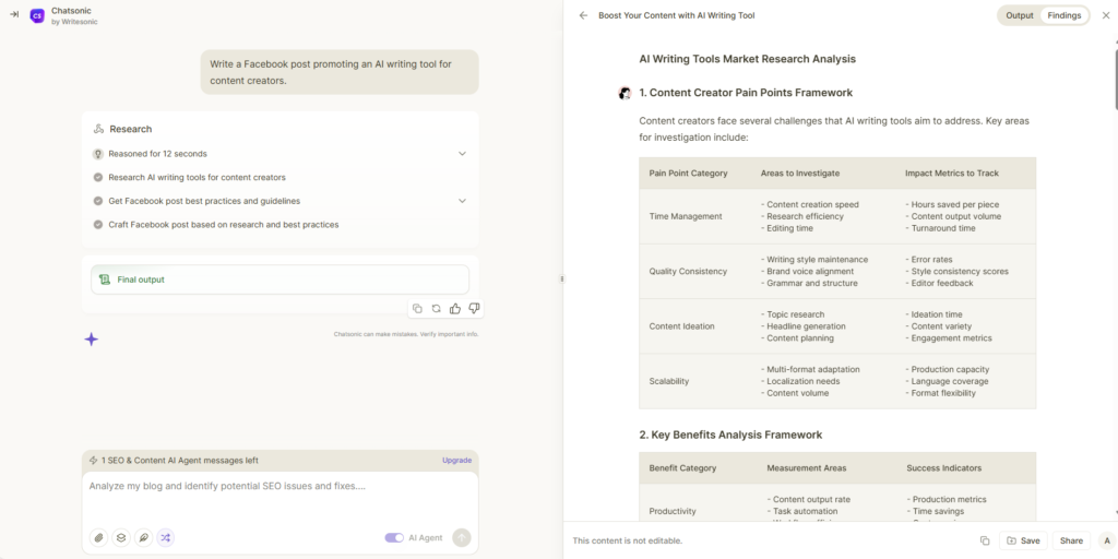 Writesonic Findings Tab