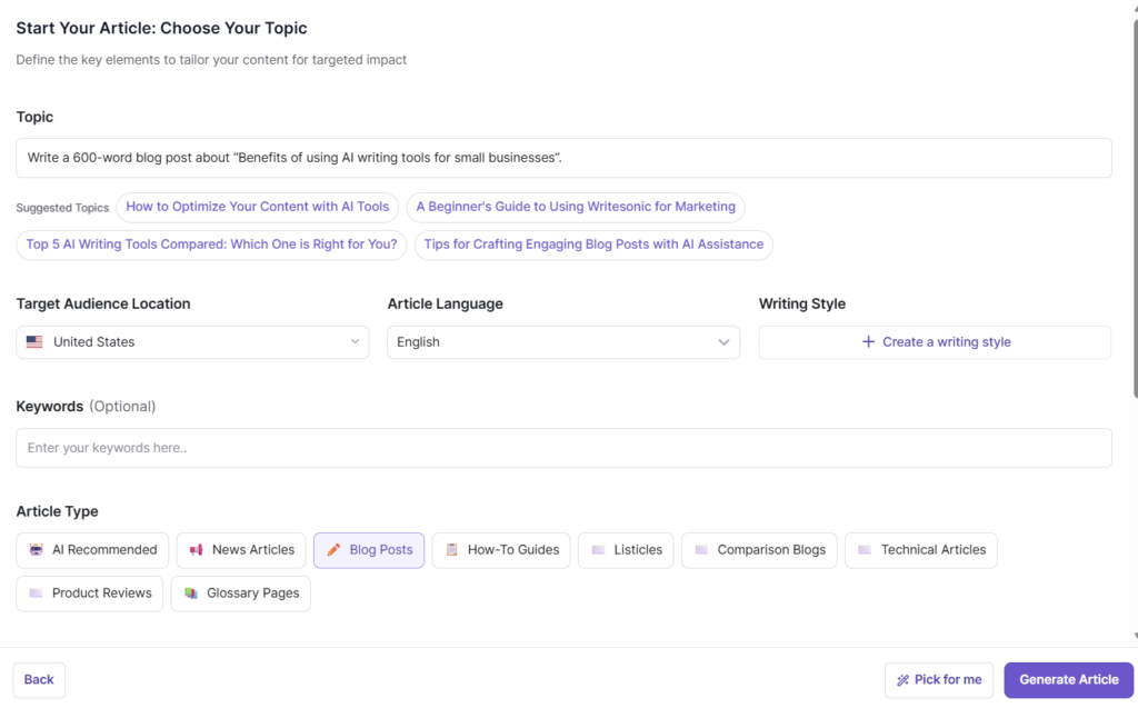 Writesonic article settings