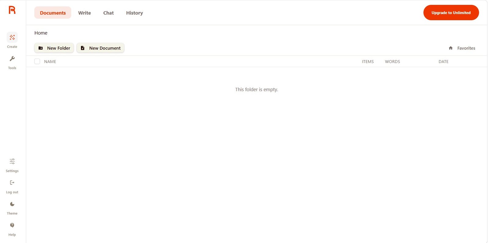 Rytr Documents dashboard with New Folder and New Document buttons