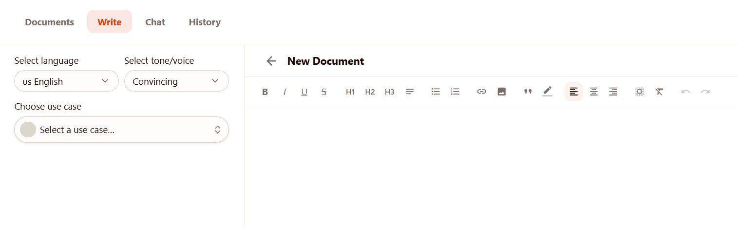 Rytr writing editor with AI controls on the left and a document editor on the right
