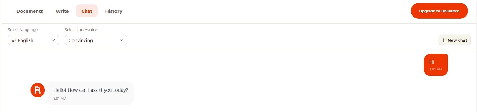 Rytr Chat interface with New Chat, language and tone settings