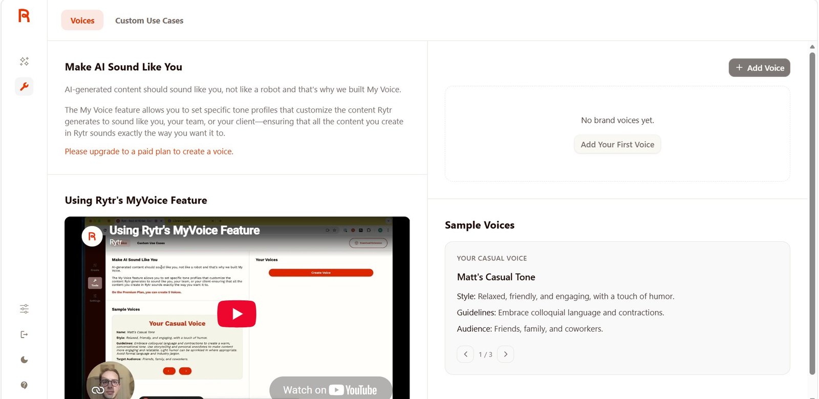 Rytr MyVoice feature on the Free plan showing that creating a custom voice requires an upgrade