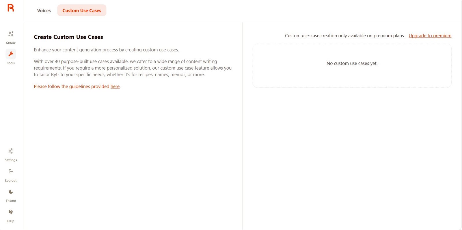Rytr Custom Use Cases screen showing that the feature requires a premium plan
