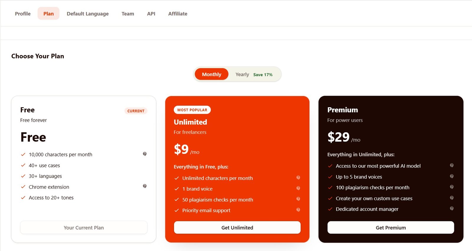 Rytr pricing comparison showing Free, Unlimited and Premium plans with Brand Voice limits