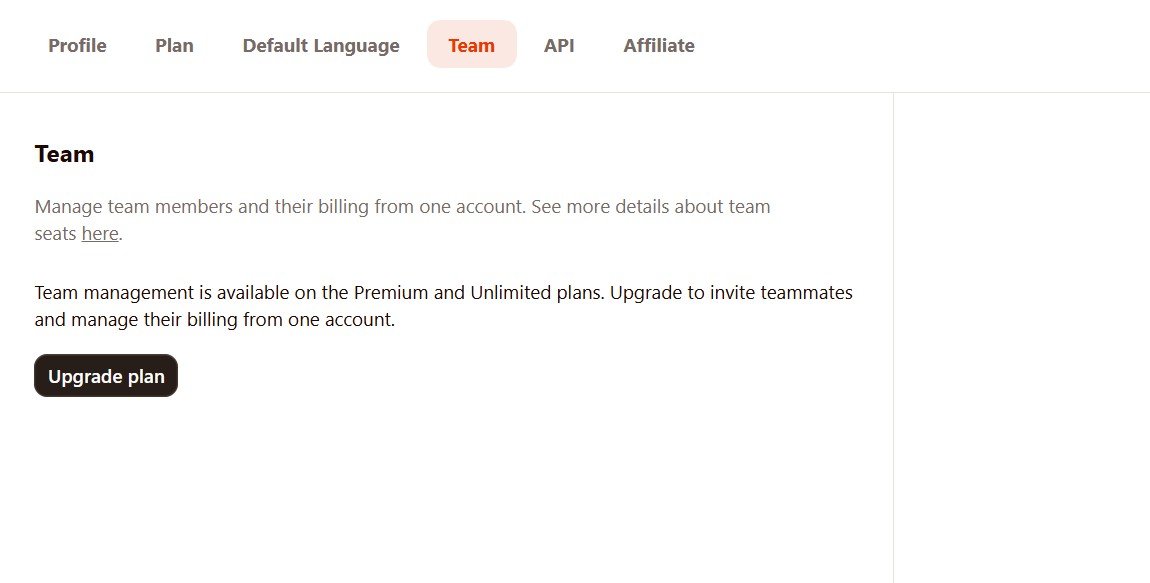 Rytr Team Management screen showing that team features require Unlimited or Premium
