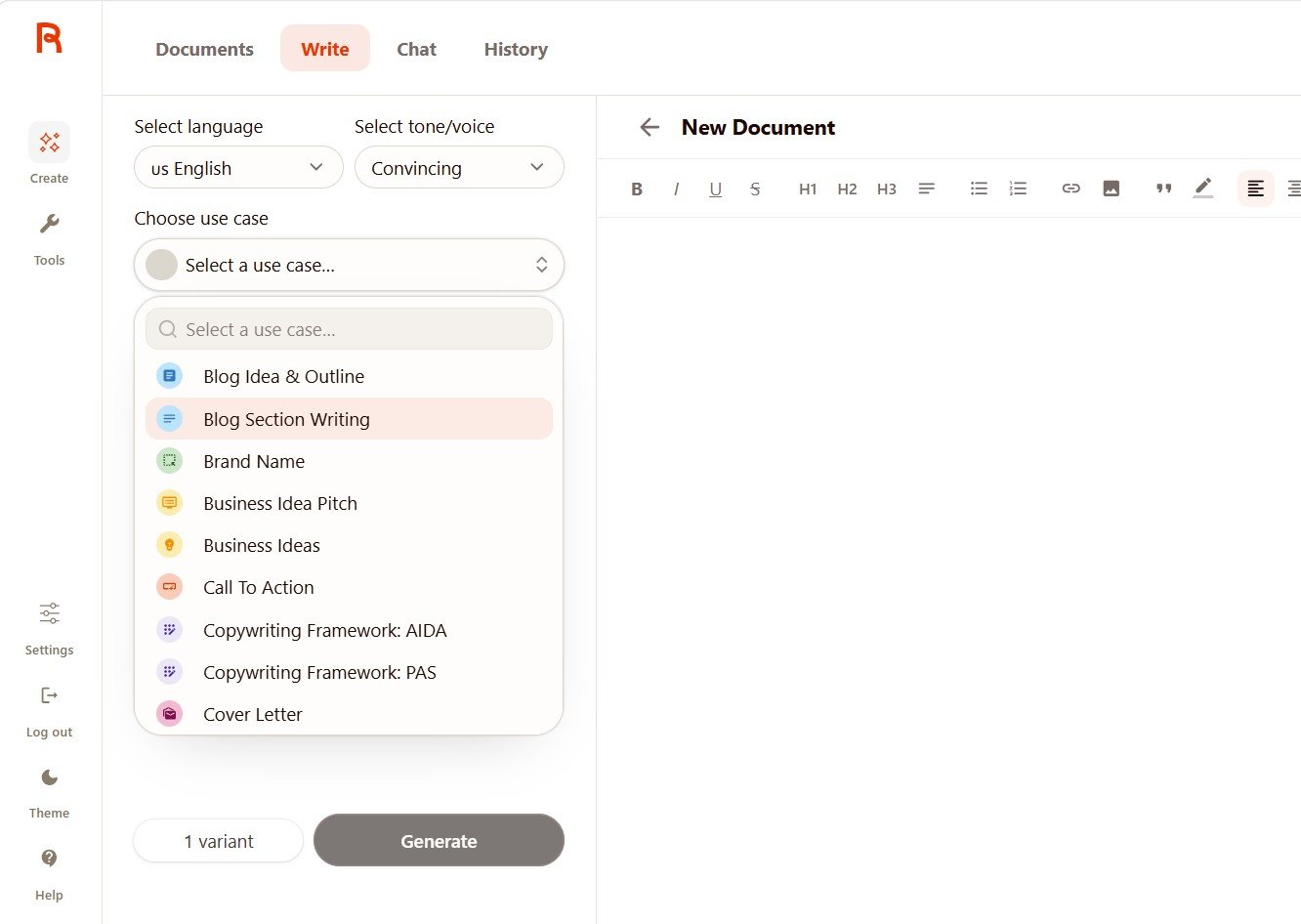 Rytr Write menu with AI writing use cases including Blog Idea, Cover Letter, AIDA and PAS