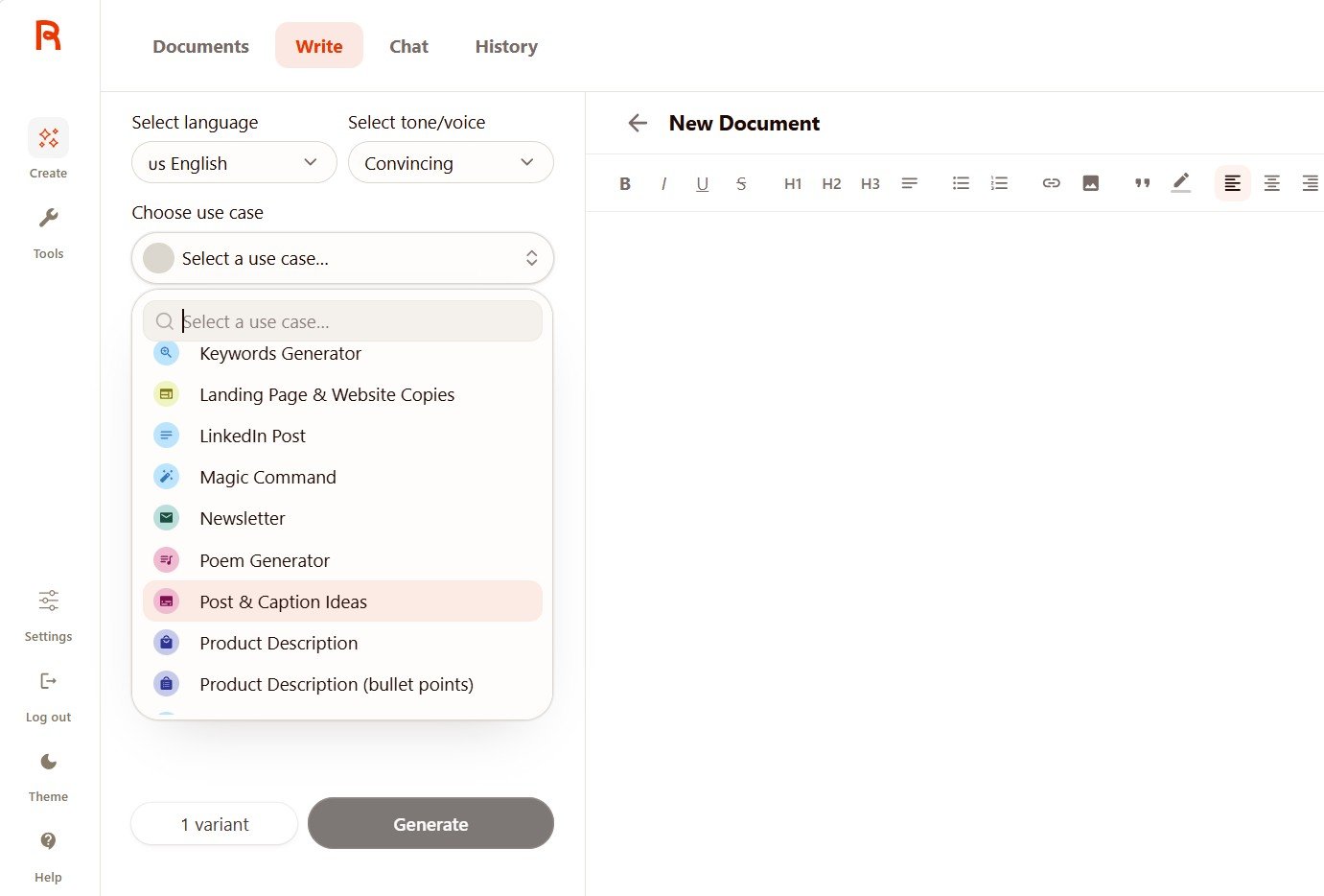 Rytr writing use cases including LinkedIn Post, Magic Command, Poem Generator and Product Description