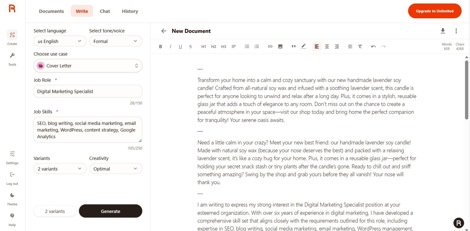 Rytr Free Cover Letter test for a Digital Marketing Specialist showing an unsupported experience claim