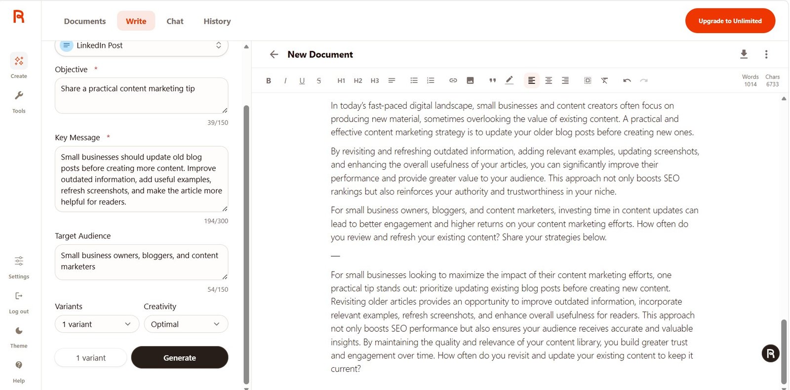 Rytr document containing several earlier generated results above a LinkedIn Post test