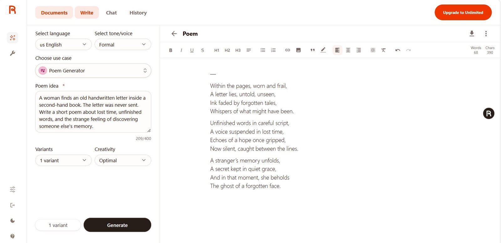 Rytr Free Poem Generator test about an old handwritten letter found in a second-hand book