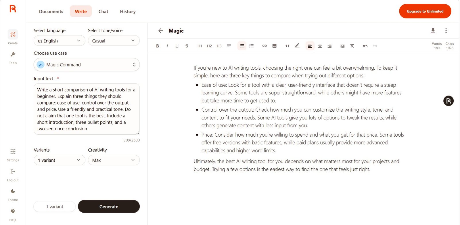 Rytr Free Magic Command result following a structured AI writing tools comparison prompt