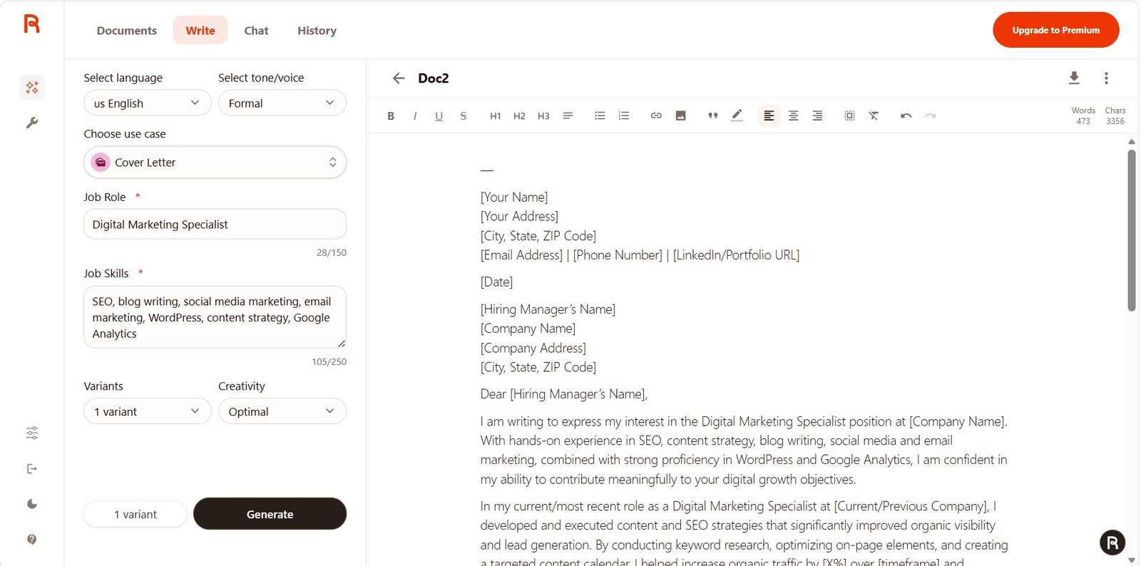 Rytr Unlimited Cover Letter test for a Digital Marketing Specialist