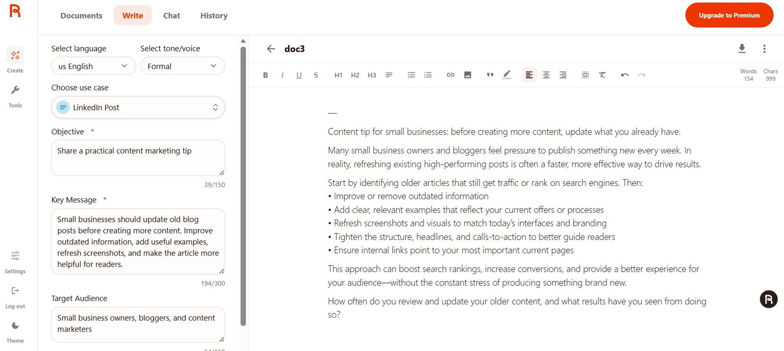 Rytr Unlimited LinkedIn Post about updating old content before creating more articles
