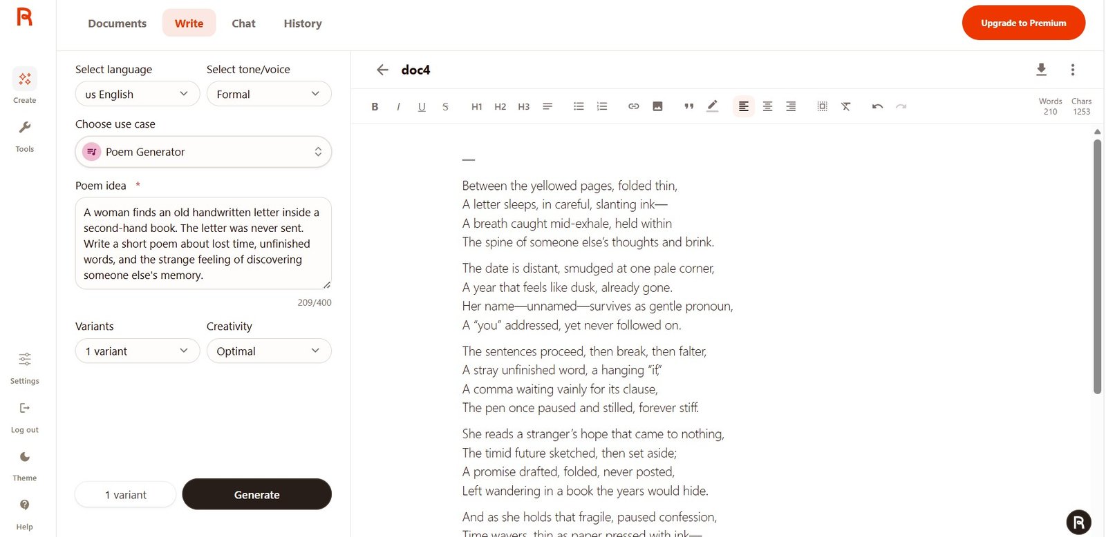 Rytr Unlimited Poem Generator result about an unsent handwritten letter