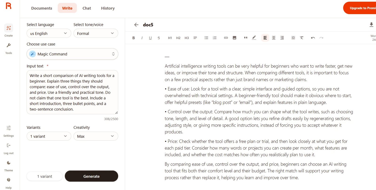 Rytr Unlimited Magic Command AI writing tools comparison result