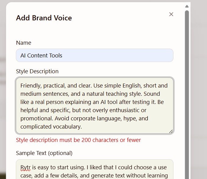 Rytr Add Brand Voice form showing a 200-character limit for Style Description