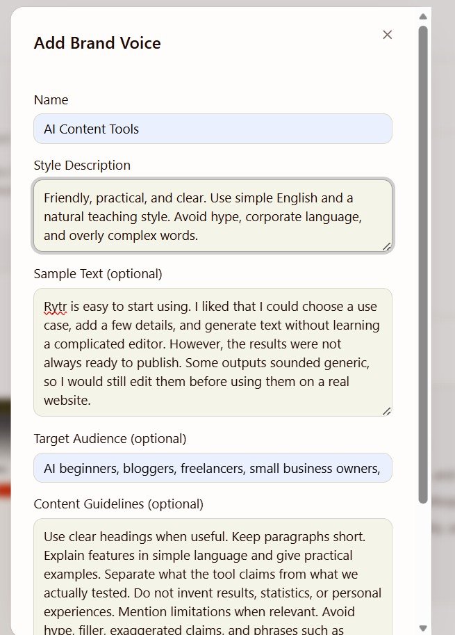 Rytr custom Brand Voice configuration with style description, sample text, target audience and content guidelines