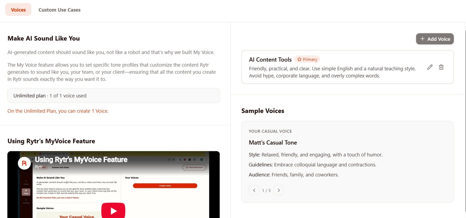 Rytr MyVoice page showing the AI Content Tools custom Brand Voice saved as Primary