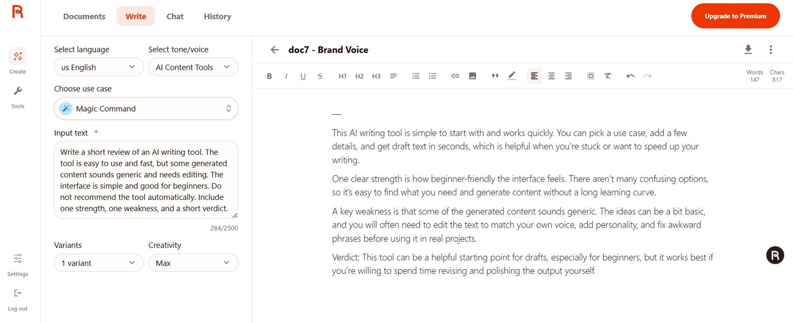 Rytr Magic Command generating an AI tool review with the AI Content Tools custom Brand Voice