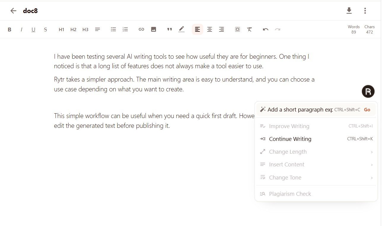 Rytr editor showing an AI command to insert a new paragraph inside manually written content