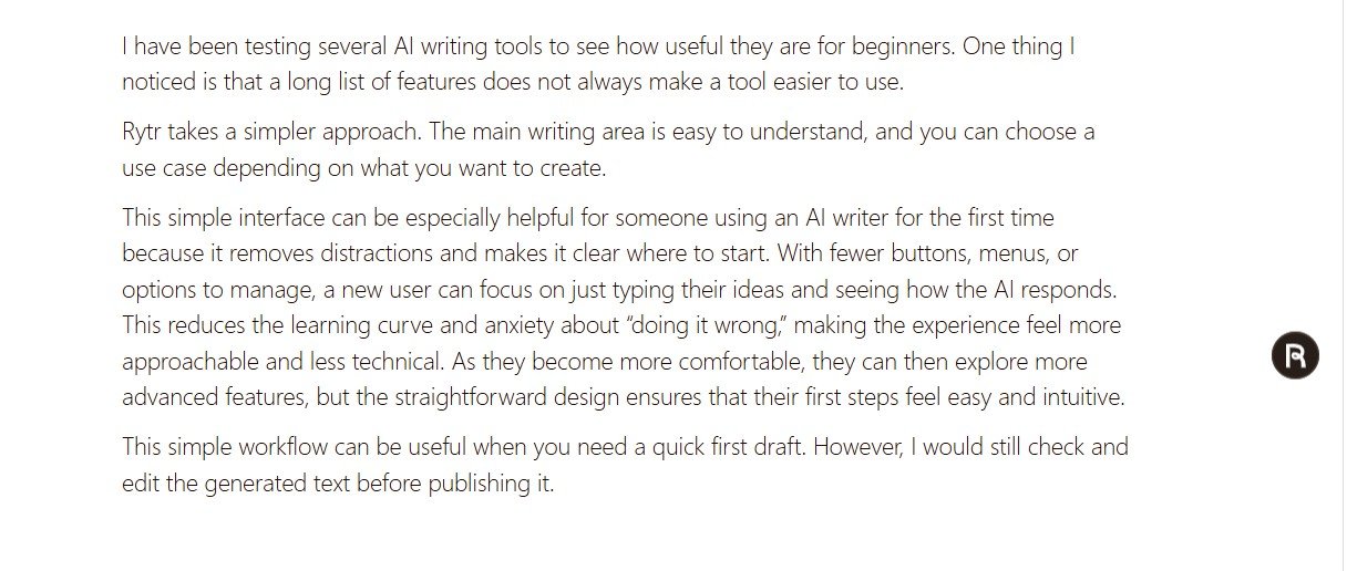 Rytr editor showing an AI-generated paragraph inserted between two manually written sections