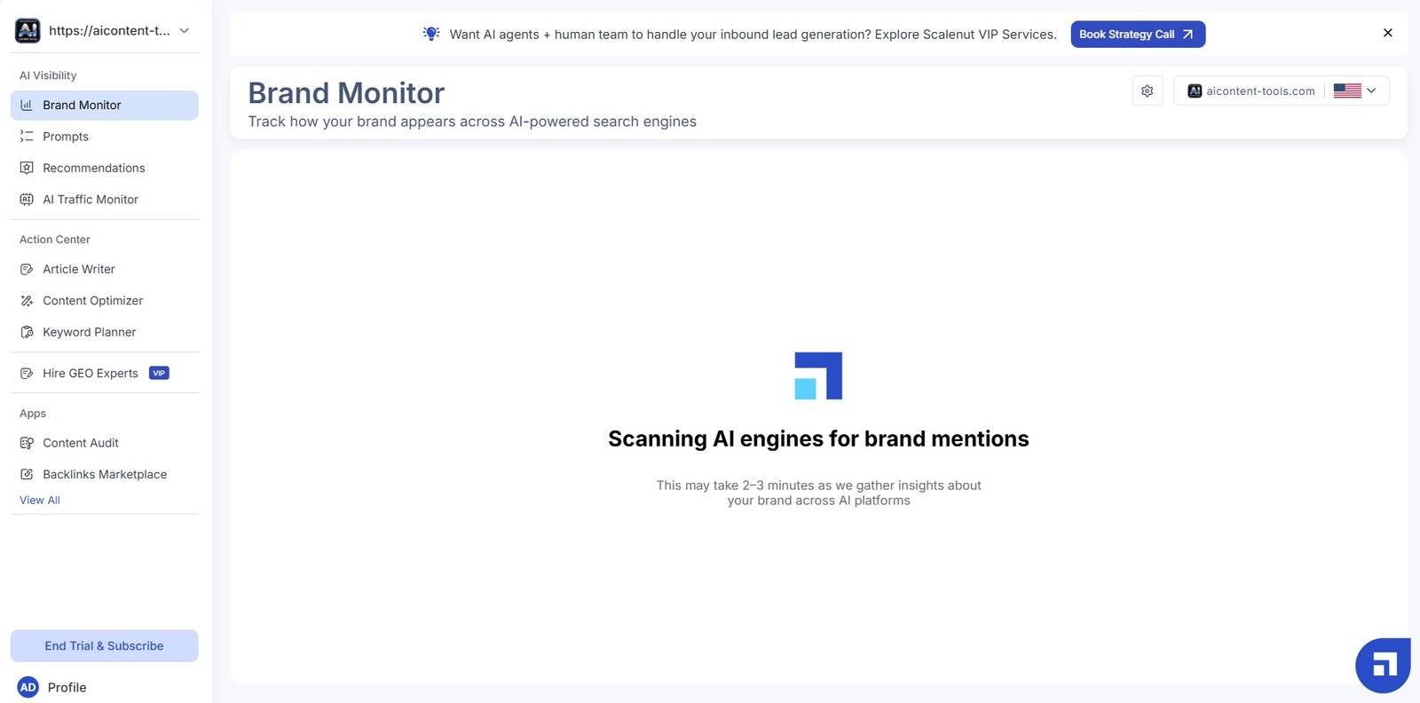Scalenut Brand Monitor scanning AI engines for brand mentions