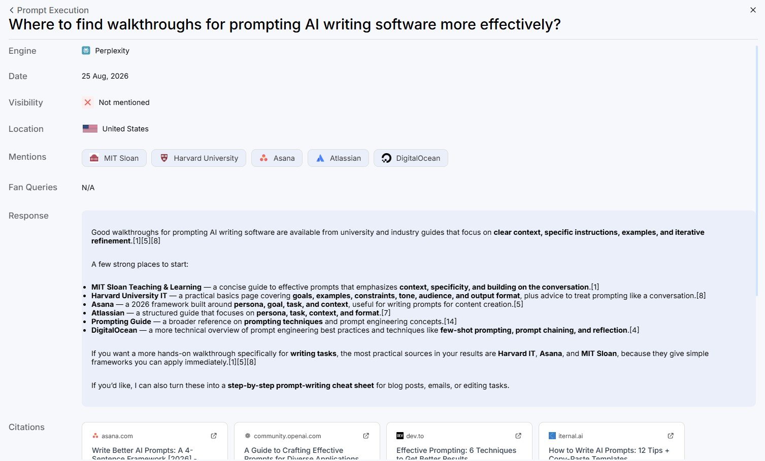 Scalenut Prompt Execution showing a Perplexity response where AIContent-Tools was not mentioned