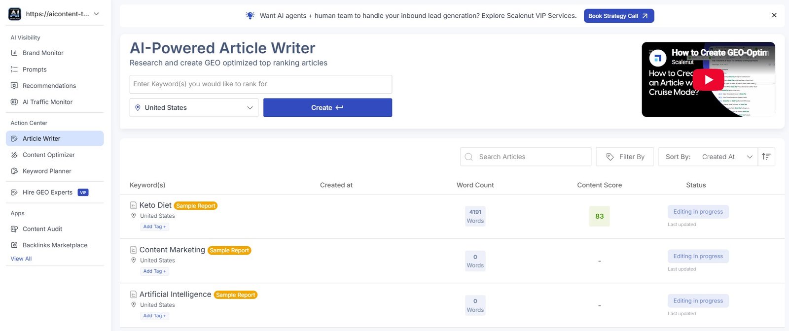 Scalenut AI Article Writer dashboard for starting a new SEO article