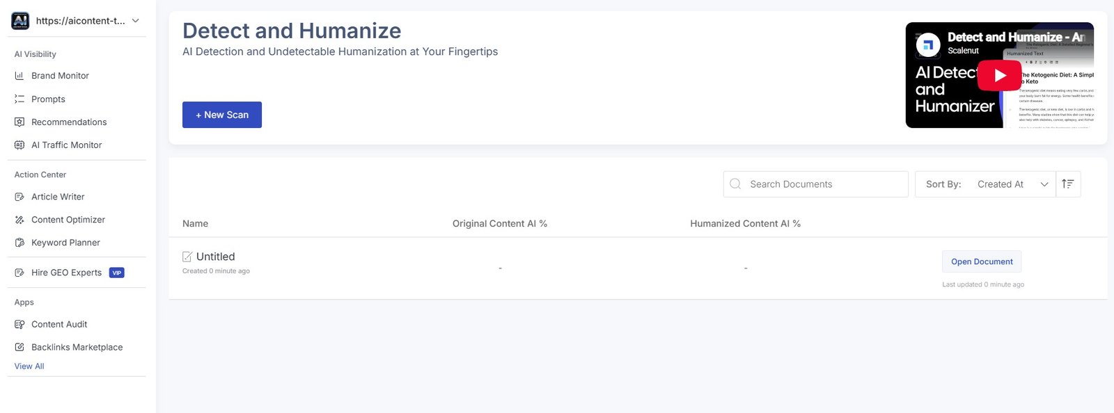 Scalenut Detect and Humanize dashboard for checking and rewriting AI content