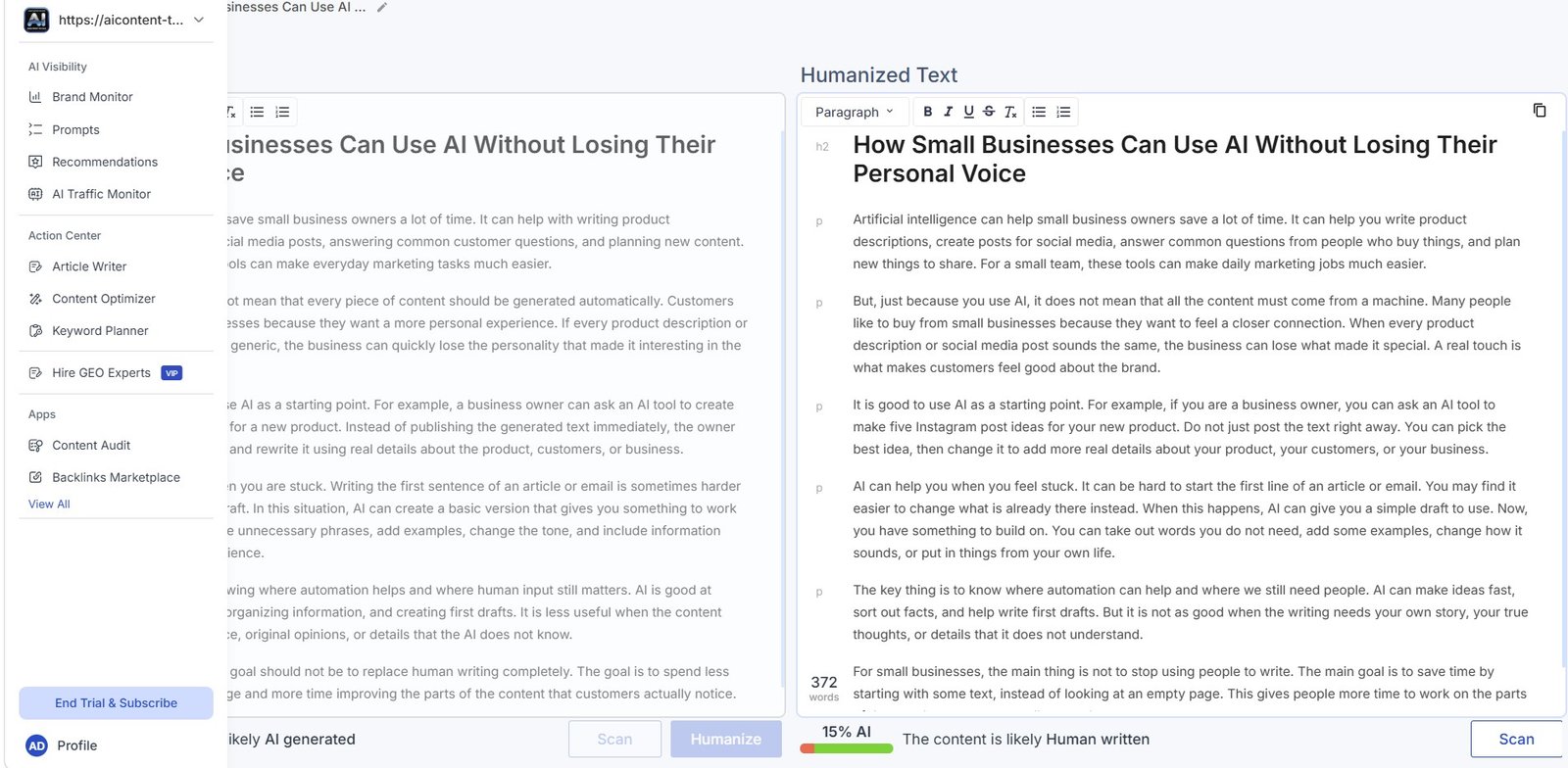 Scalenut Humanizer result showing 15 percent AI after rewriting the test text