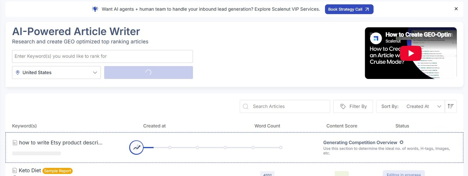 Scalenut Article Writer analyzing competitors before creating an article