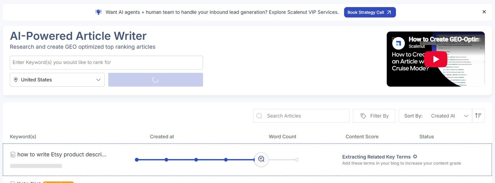 Scalenut extracting related SEO key terms before writing an article