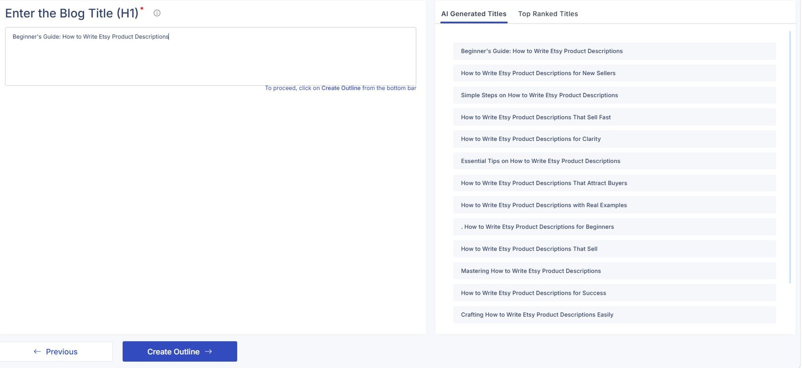 Scalenut AI generated title ideas for an Etsy product descriptions article