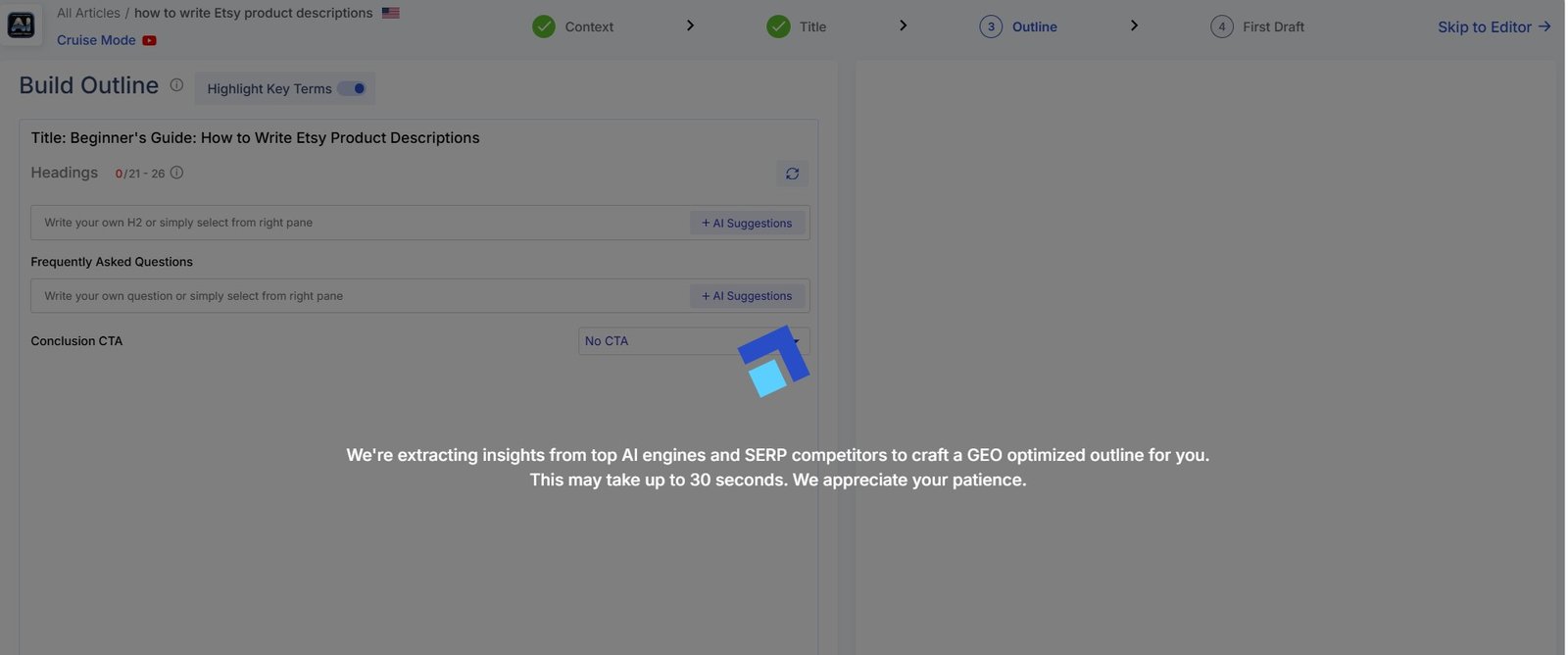 Scalenut generating a GEO optimized article outline
