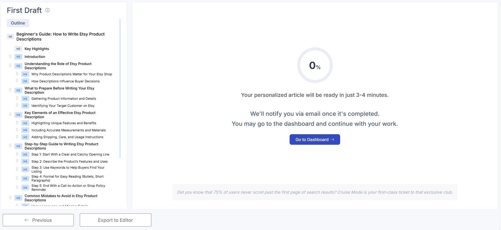 Scalenut AI Article Writer generating a first draft