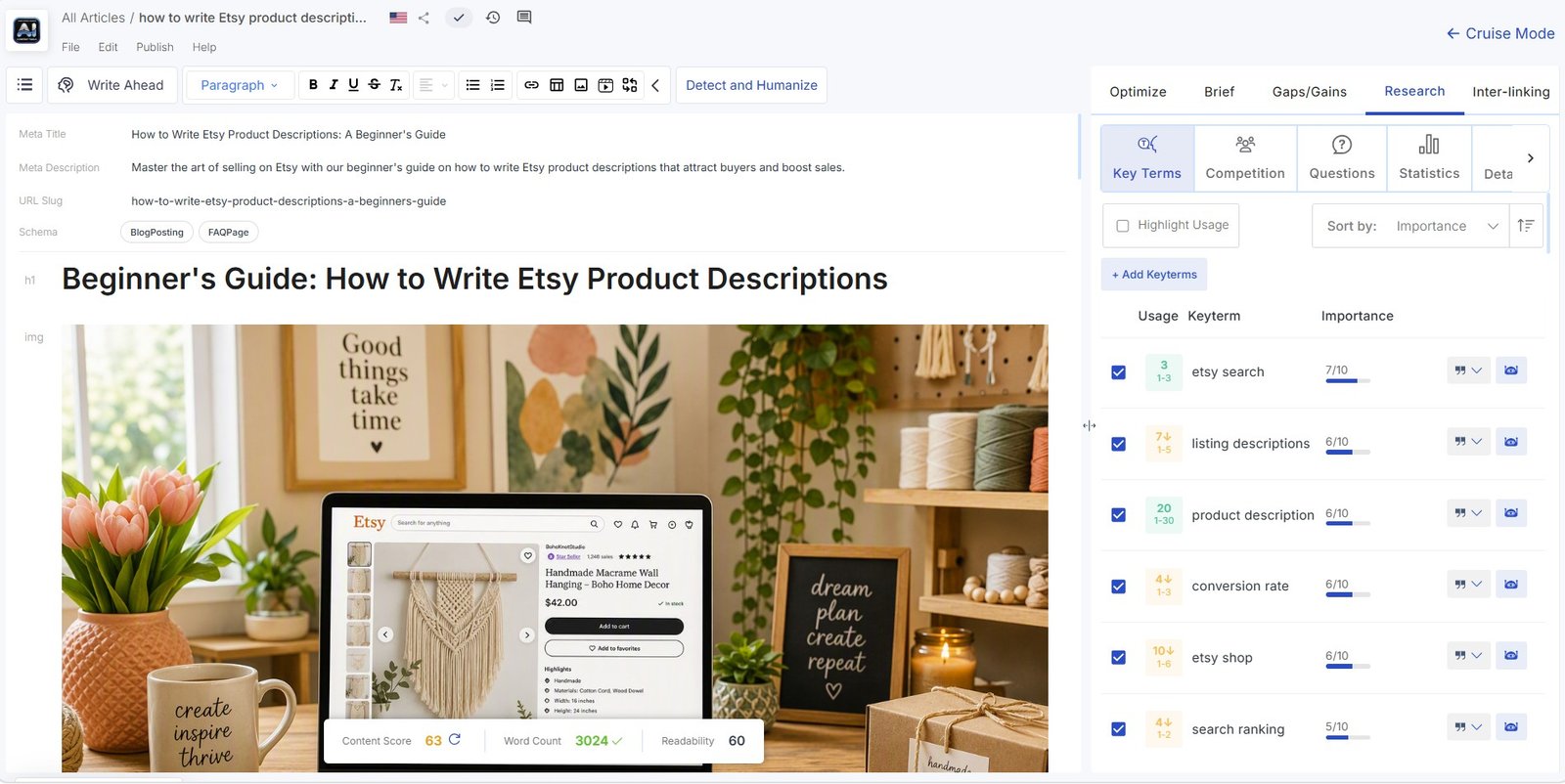 Scalenut research panel with recommended SEO key terms