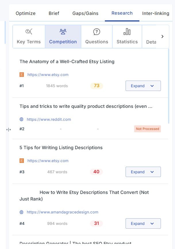 Scalenut article research panel showing competing pages