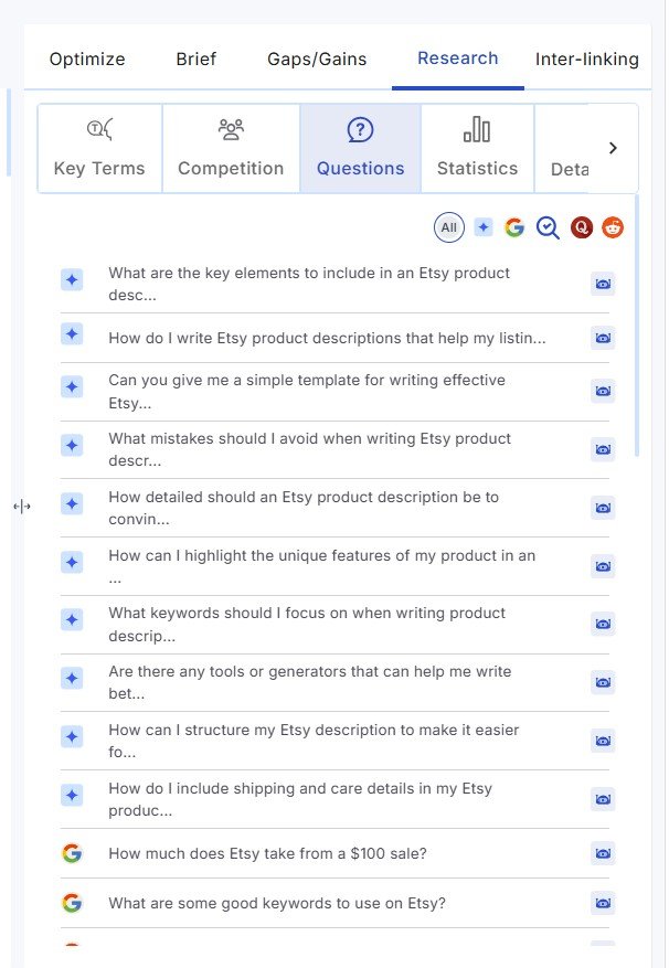 Scalenut research panel showing questions related to the target keyword