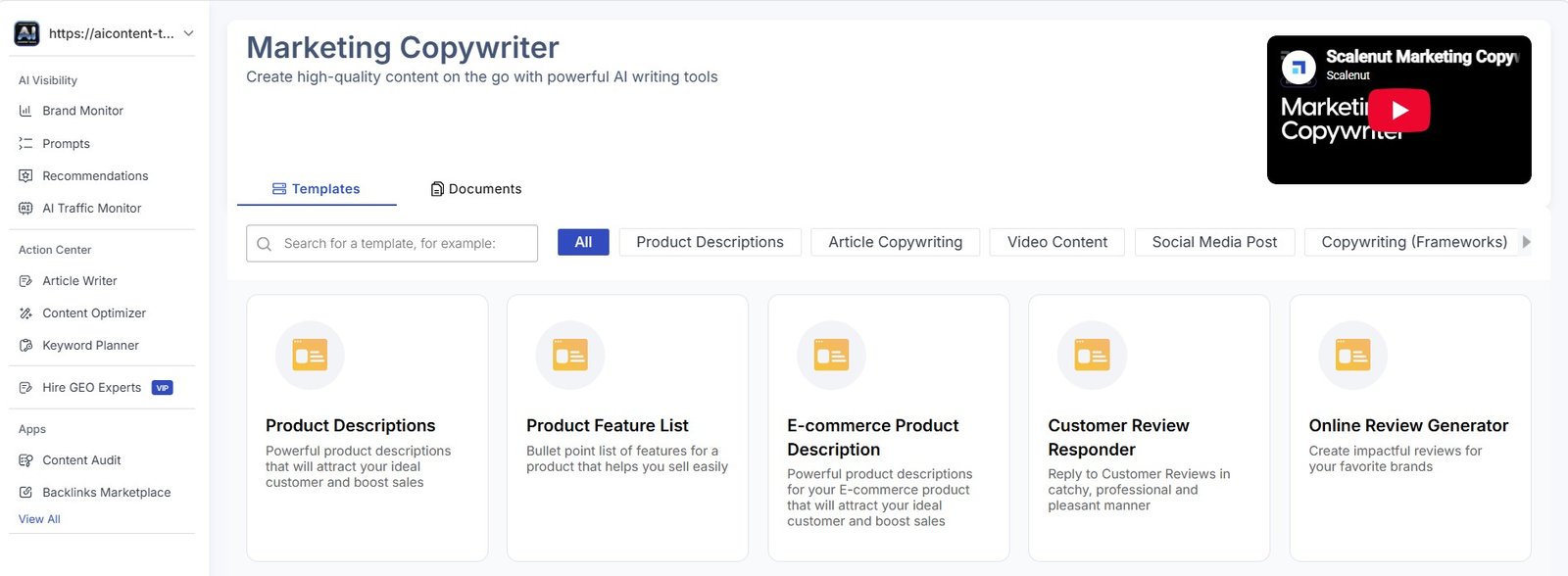 Scalenut Marketing Copywriter dashboard with AI content templates