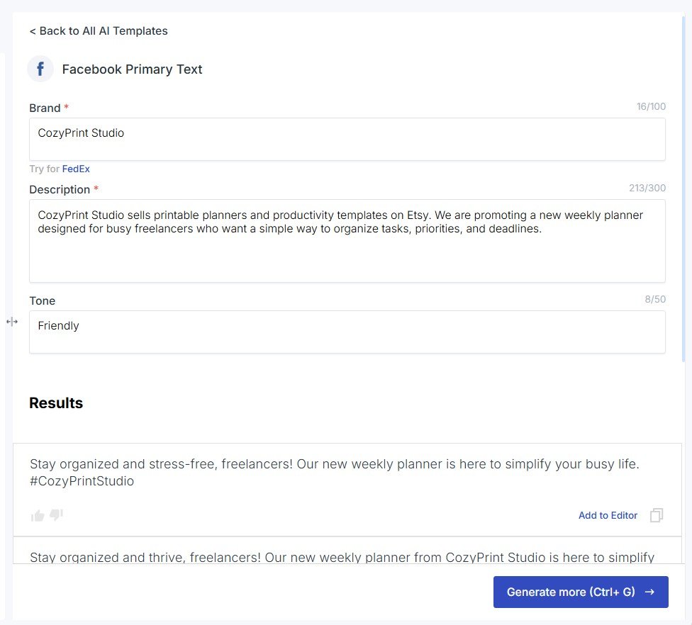 Scalenut Facebook Primary Text generator test for fictional Etsy brand CozyPrint Studio