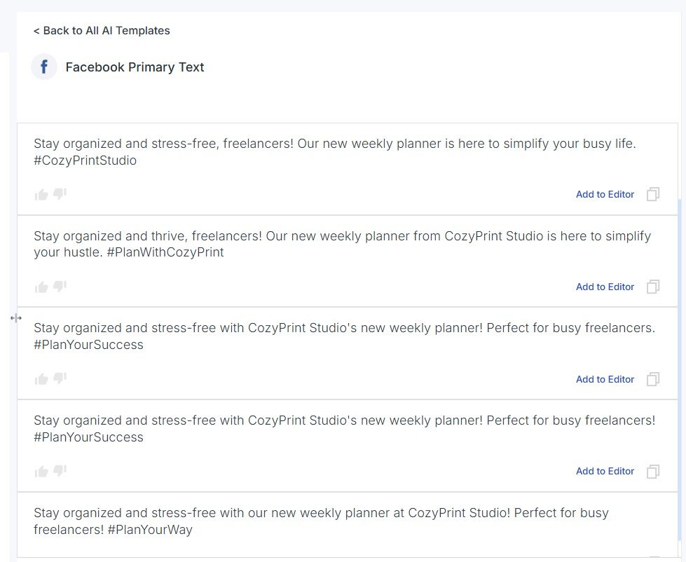Scalenut Facebook Primary Text variations with similar wording