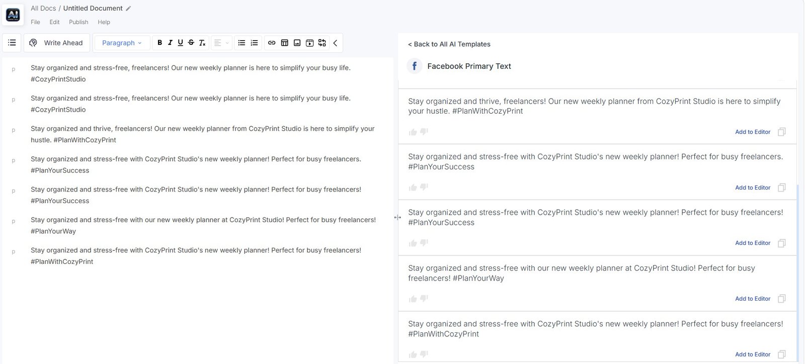 Scalenut editor with generated Facebook Primary Text and alternative results