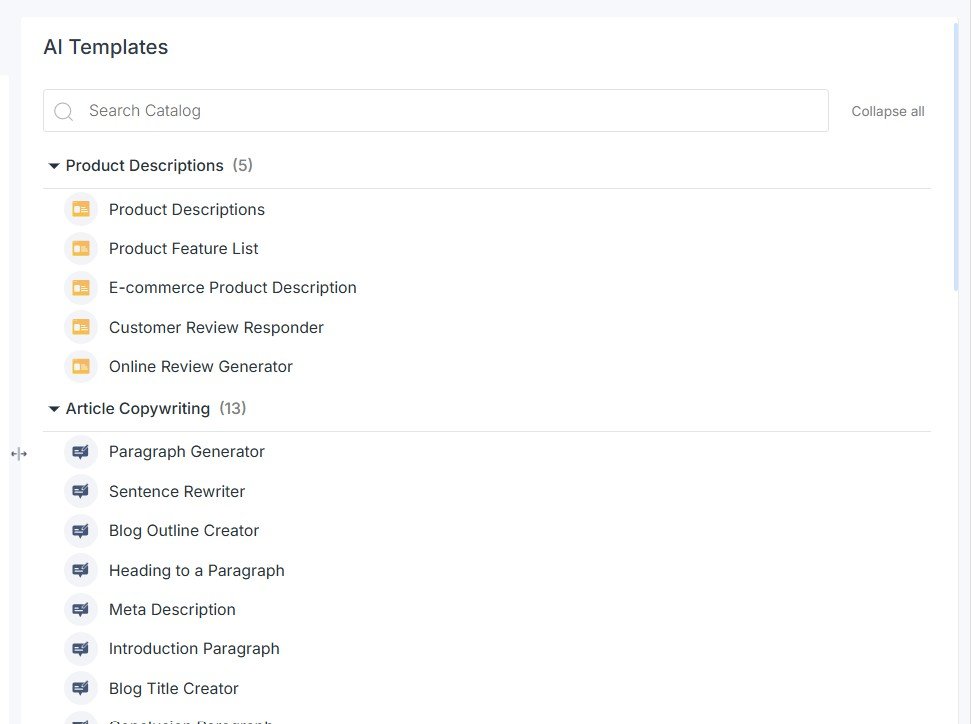Scalenut AI templates for product descriptions articles rewriting and copywriting
