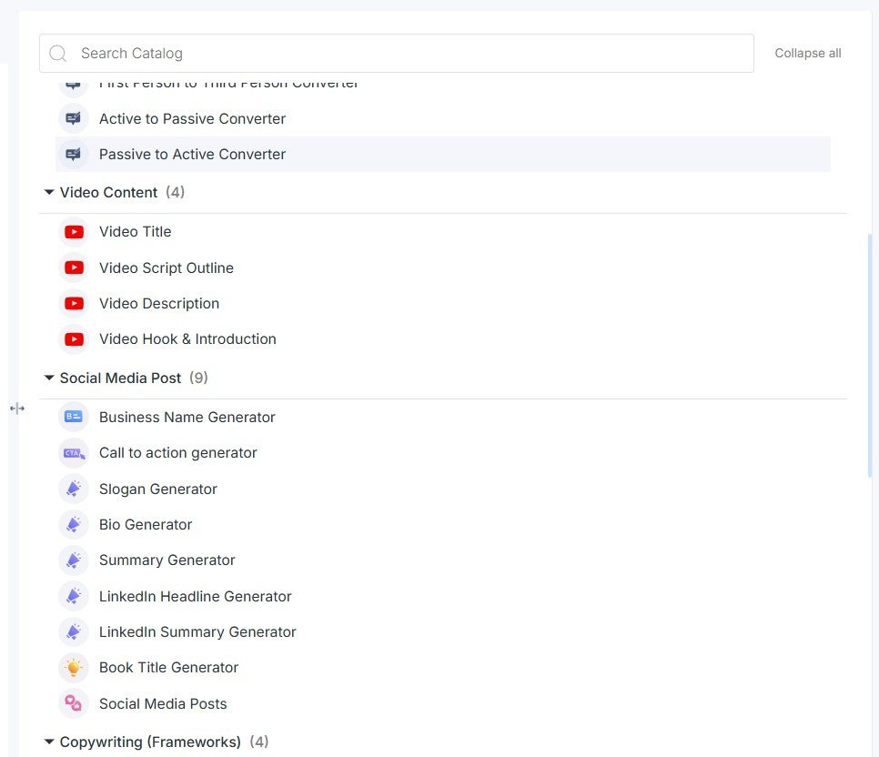 Scalenut AI templates for video LinkedIn and social media copywriting