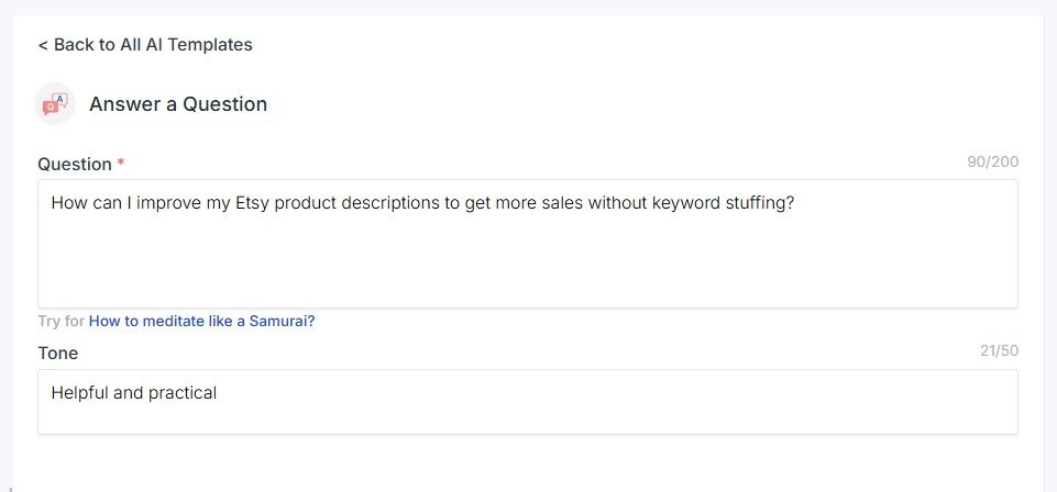 Scalenut Answer a Question template with Etsy product description SEO test