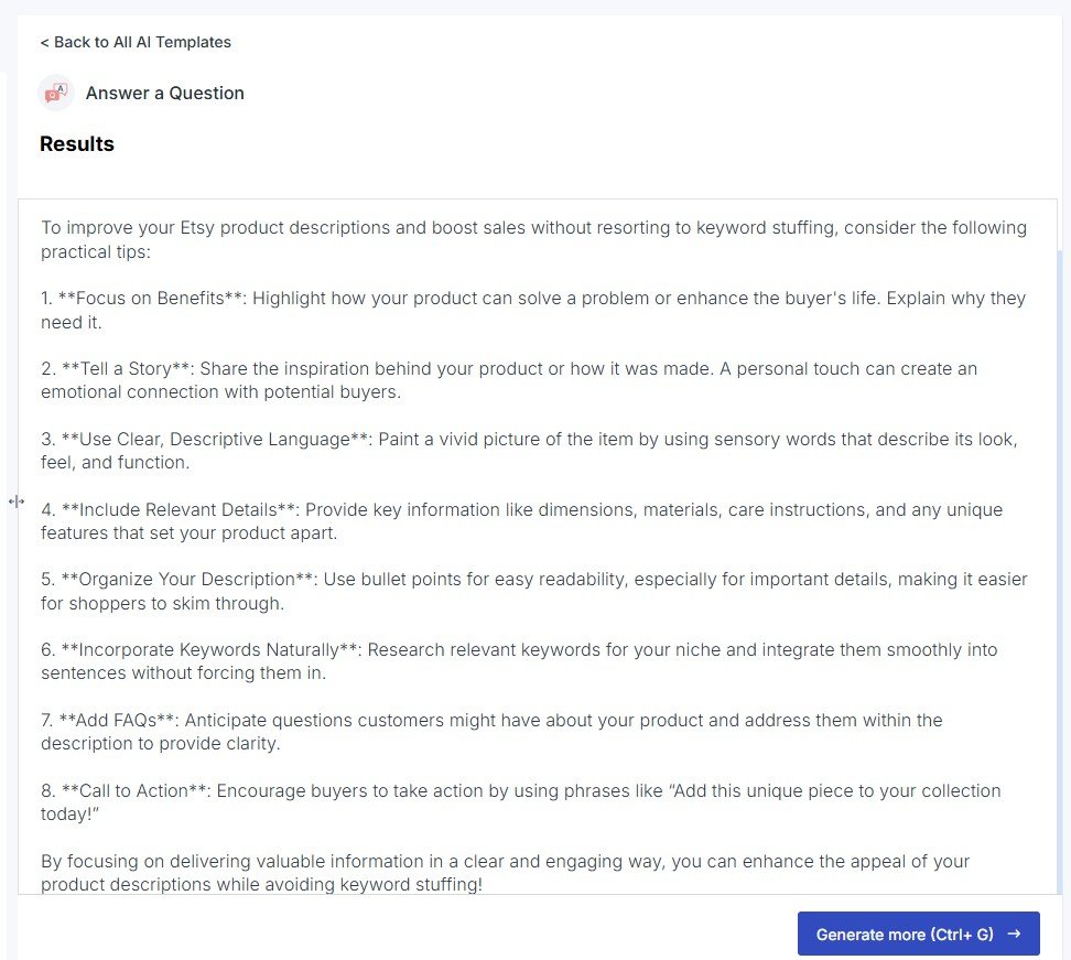 Scalenut answer with tips for improving Etsy product descriptions without keyword stuffing