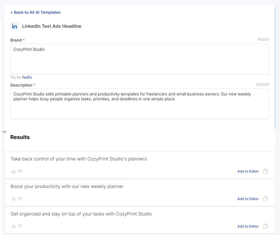 Scalenut LinkedIn Text Ads Headline results for CozyPrint Studio