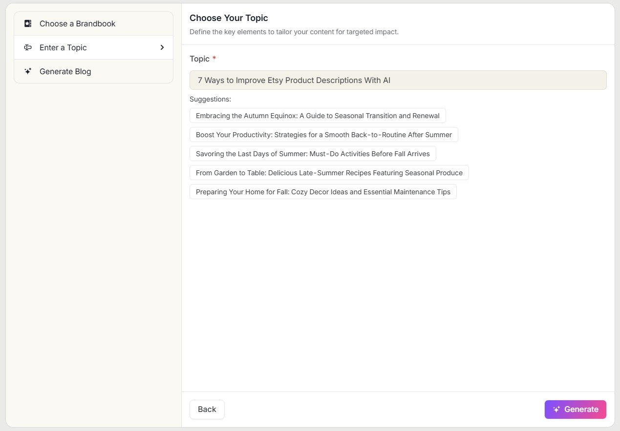 Simplified Instant Blog topic step during generation of the Etsy product descriptions article