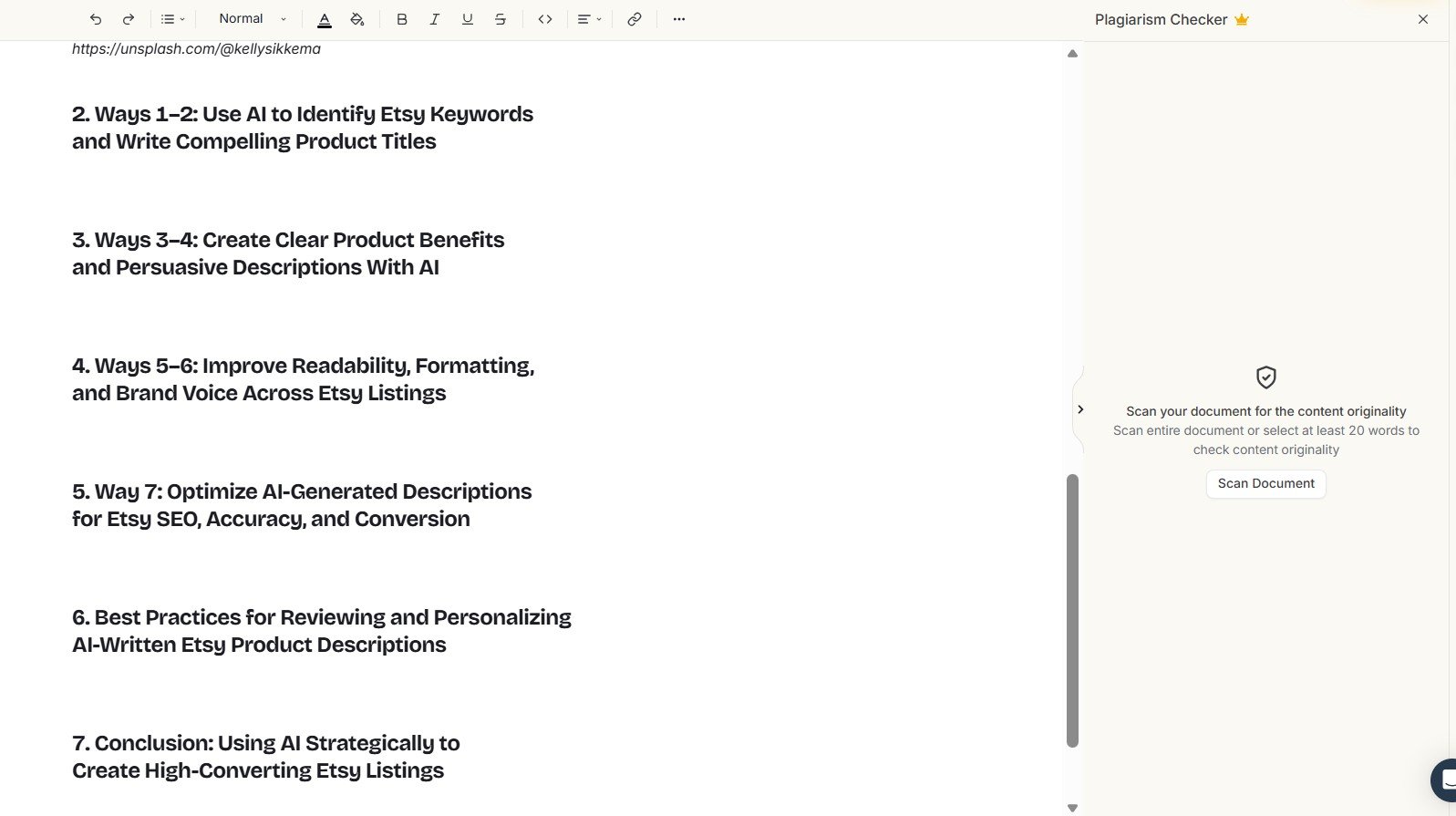 Simplified Docs Page Settings showing the generated article with 161 words